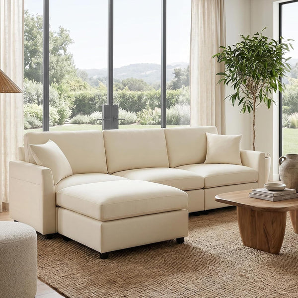 Sectional Cloud Couch for Living Room, Spring Cushion Seating, L Shaped Convertible Modular Sofa with Ottoman, Beige3