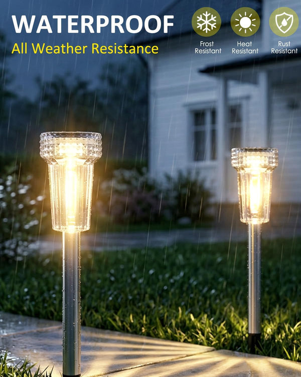 12 Pack Solar Pathway Lights Outdoor, Solar Powered Garden Lights Auto On/Off, Waterproof Stainless Steel Pole Landscape Lighting for Path, Yard, Walkway, Driveway Decor - Warm White6