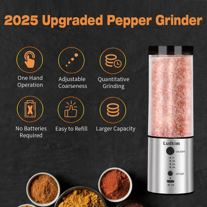 Electric Salt and Pepper Grinder, 240ML Large Capacity Rechargeable Automatic Salt and Pepper Shakers with 5-20S Timer, LED Adjustable Coarseness，Kitchen Appliances Birthday Gifts for Women Men3