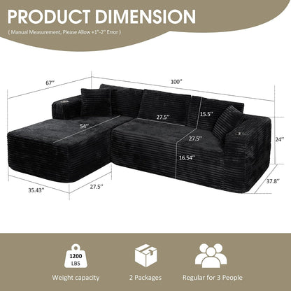 Cloud Sectional Boneless Couches for Living Room,Modular Sectional Sofa with 2 Cup Holders,Memory Foam Cloud Couch with L Shaped Oversized Chaise,No Assembly Needed Plush Corduroy Sofa,Black2