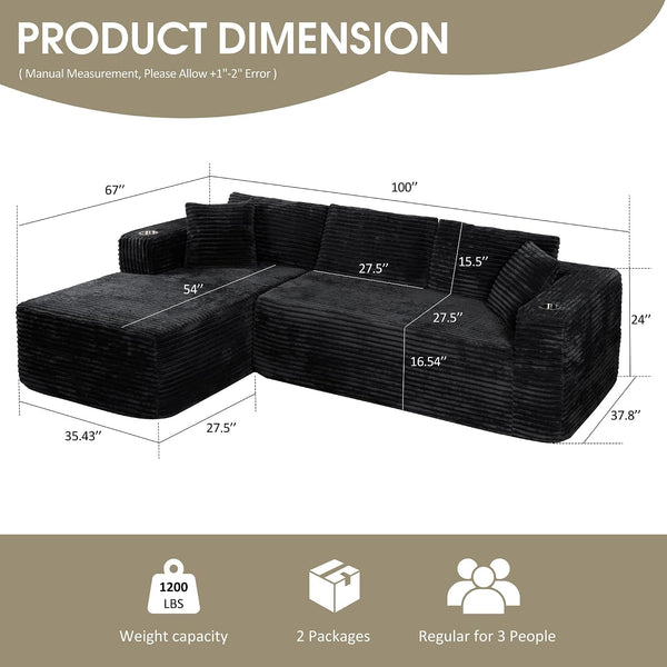 Cloud Sectional Boneless Couches for Living Room,Modular Sectional Sofa with 2 Cup Holders,Memory Foam Cloud Couch with L Shaped Oversized Chaise,No Assembly Needed Plush Corduroy Sofa,Black2