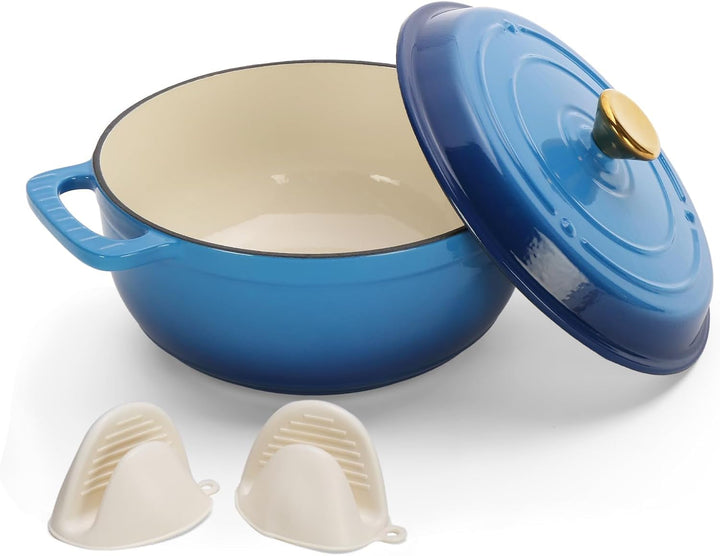 5 Quart Enameled Cast Iron Dutch Oven with Lid, Dual Handles, Oven Safe up to 500°F or on Stovetop, Compatible for Braising, Stews, Roasting, Bread Baking-Blue+2