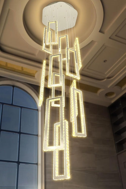 H158 Crystal Rectangle Chandelier 12 Ring Chandeliers for High Ceiling Gold Large Pendant Lighting High Ceiling Light for Living Room Staircase Foyer7