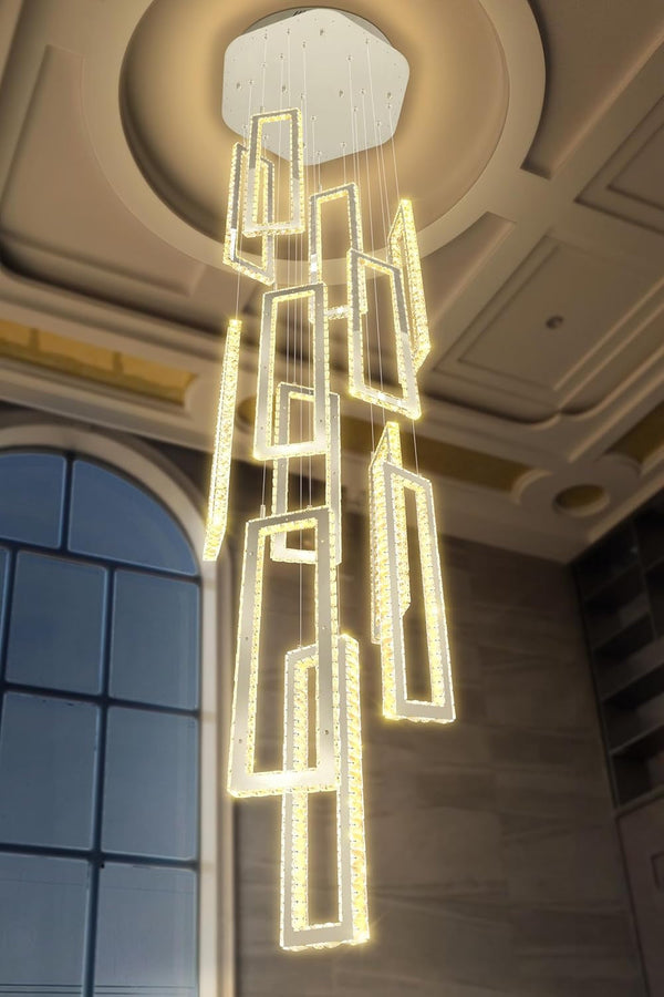 H158 Crystal Rectangle Chandelier 12 Ring Chandeliers for High Ceiling Gold Large Pendant Lighting High Ceiling Light for Living Room Staircase Foyer7