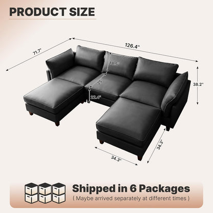 126" U Shaped Faux Leather Couch, Modular Sectional Sofa, Grey2