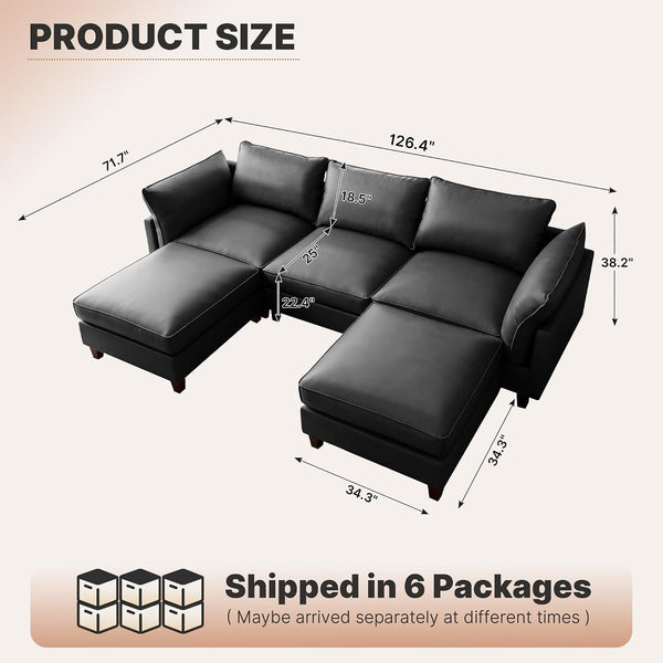 126" U Shaped Faux Leather Couch, Modular Sectional Sofa, Grey2