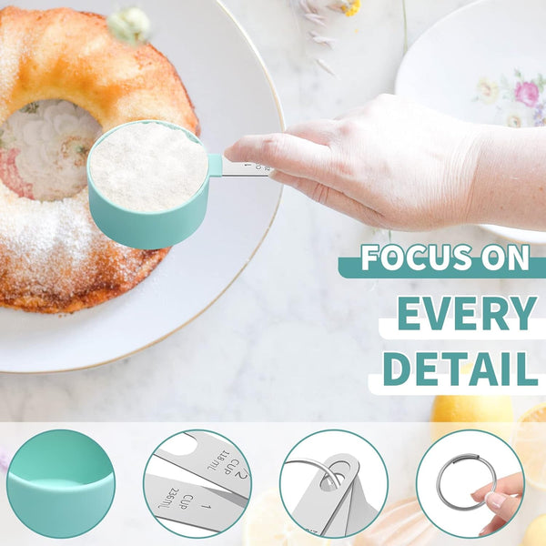 Measuring Cups Set Measuring Spoons Set, Nesting Measure Cups with Stainless Steel Handle, for Measuring Dry and Liquid Ingredients Small Teaspoon with Plastic Head (Mint Green)2