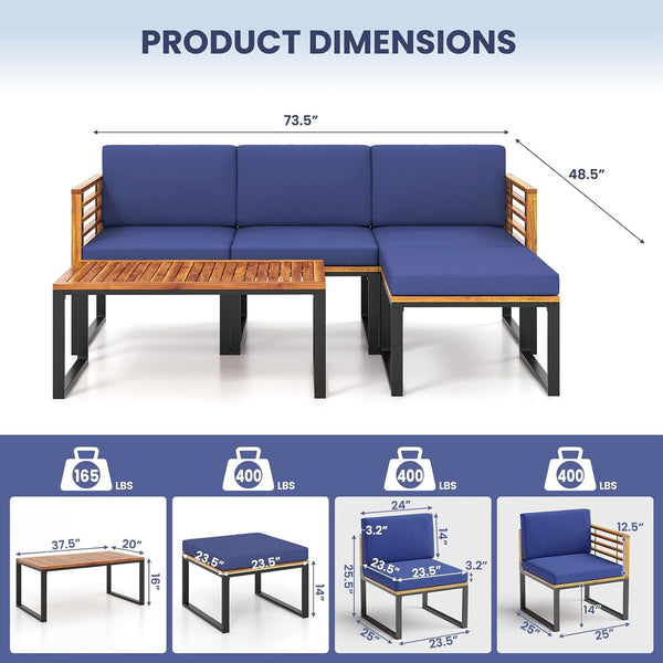5 Pieces Patio Conversation Set, Acacia Wood Chair Set with Ottoman & Coffee Table, Comfy Seat & Back Cushions, Outdoor Wood Furniture Set for Backyard, Poolside, Garden5
