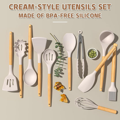 Kitchen Cooking Utensils Set, 33 Pcs Non-Stick Silicone Cooking Kitchen Utensils Spatula Set with Holder, Wooden Handle Silicone Kitchen Gadgets Utensil Set (Khaki)4