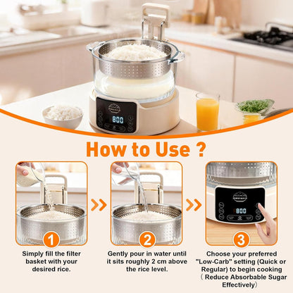 3L Low Carb Rice Cooker, 800W Rice Cooker That Removes Starch | Designed as a Low Sugar Rice Cooker with 4-Stage Starch Removal, Low Carb Rice Cooker for Healthier Rice Cooking.6