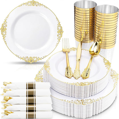 350Pcs Gold Plastic Plates, Disposable Dinnerware Set for 50 Guests1
