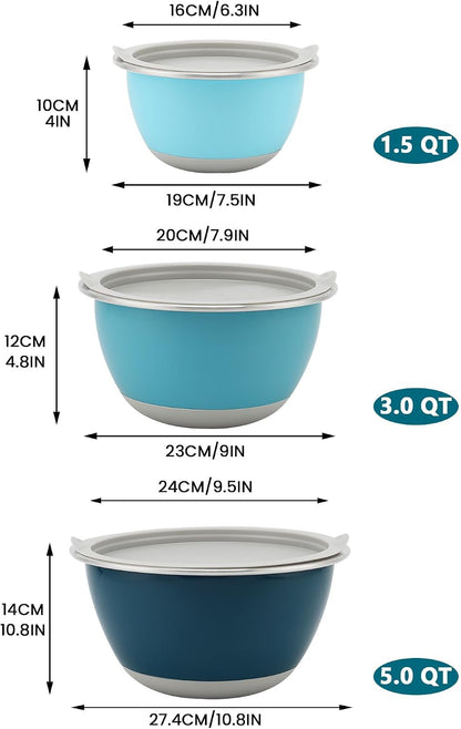 18/8 Stainless Steel Mixing Bowls Set with Lids,1.5,3 & 5 Qt,Blue2