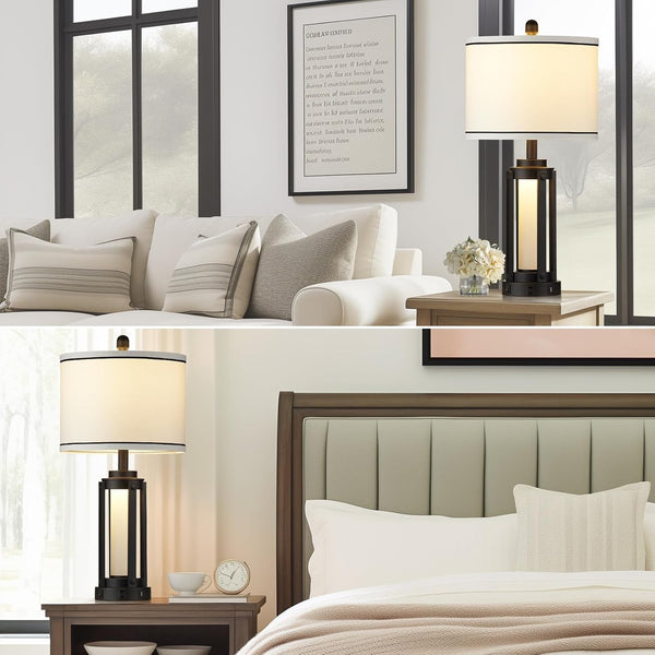26" Modern Table Lamp with USB A+C Charging Ports & AC Outlet, Industrial beside Contemporary Lamp Glass LED Night Light for Living Room Bedroom Nightstand End Table Single Black(2 Bulbs Included)8