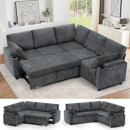 85" Chenille Sectional Sofa W/Pull Out Bed & Storage Space, Grey1