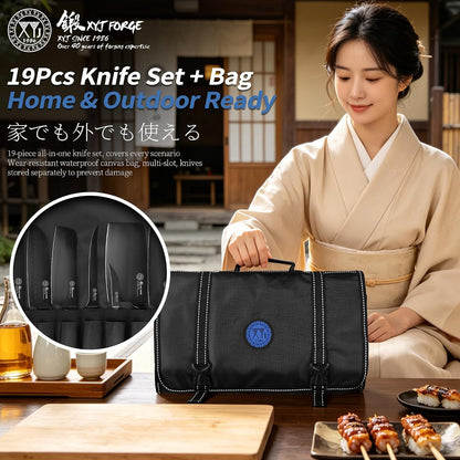 19-Piece Black Kitchen Knife Set, Oxide Blackened Stainless Steel Blades, Hollow Metal Horseshoe Handles, Professional Chef Knives with Gift Box | Included Acacia Wood Cutting Board, 20-Slot Oxford Cloth Knife Roll Bag, Lightweight and Well-Balanced, Non-Slip Grip4