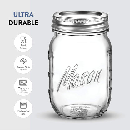 16 Oz Mason Jars with Lids, Regular Mouth, 5 Pack | 16 Oz Glass Jars with Lids and Seal Bands, Mason Jars 16 Oz, Pint Mason Jars, Airtight Canning Jars for Pickling and Oats5