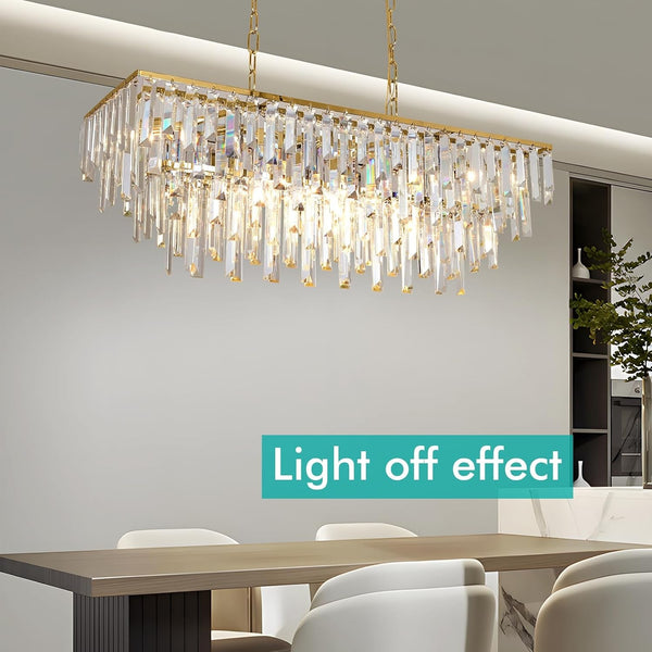 31.5" Modern Rectangle Crystal Chandelier, Gold Linear Pendant Light with Clear Crystal Prisms, Luxury Island Lighting Fixture for Dining Room Kitchen Table Living Room4
