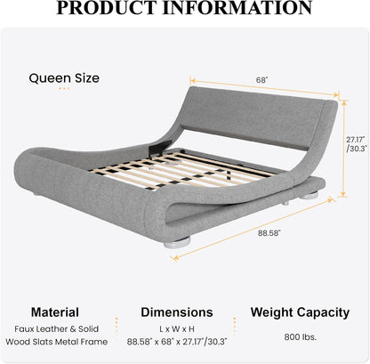 Queen Size Sleigh Bed Frame, Low Profile, Faux Leather, Grey2