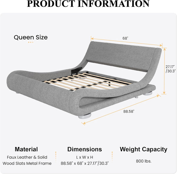 Queen Size Sleigh Bed Frame, Low Profile, Faux Leather, Grey2