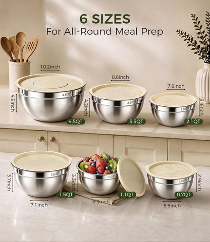 Stainless Steel Mixing Bowls: 6 Nesting Bowls with Lids & 3 Graters2