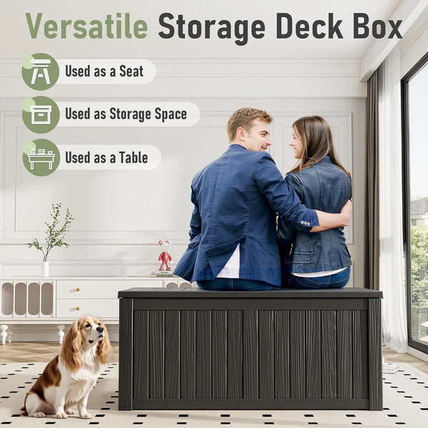 Outdoor Storage Box, 150 Gallon Large Outdoor Resin Deck Box, Storage Waterproof Boxes Lockable Lid for Garden Tools, Pool Supplies, Patio Furniture and Cushions, Black7