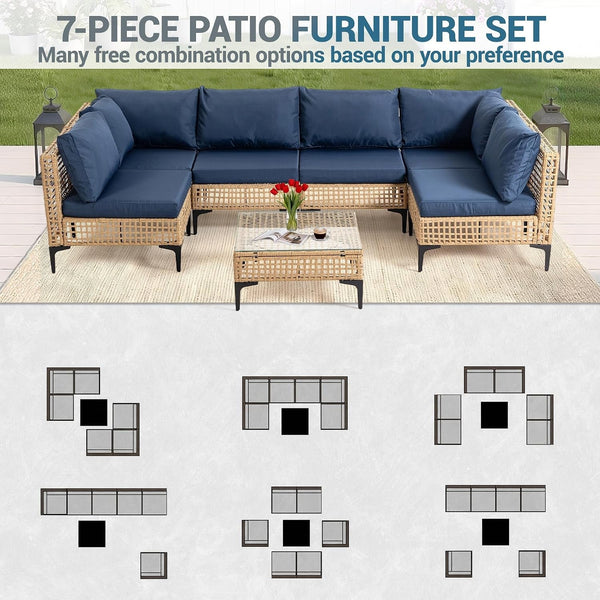 7 Piece Outdoor Patio Furniture Set with Coffee Table - Dark Blue4