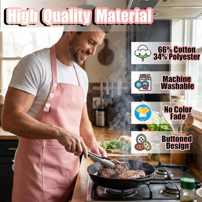 Kitchen Apron for Women & Men Waterdrop Resistant, Adjustable Button | Premium Cotton Cooking Apron with 2 Pockets, Gift, 15 Color Option, Powder Pink3