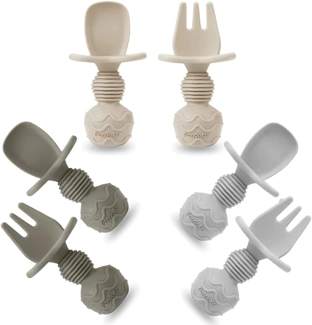 6-pack-silicone-baby-spoons-and-fork-feeding-set-anti-choke-first-self-feeding-utensils-for-baby-led-weaning-ages-3-months-tan-walnut-grey