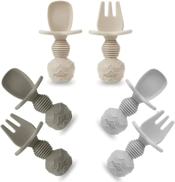 6 Pack Silicone Baby Spoons and Fork Feeding Set- Anti-Choke First Self Feeding Utensils for Baby Led Weaning Ages 3 Months (Tan,Walnut&Grey)1