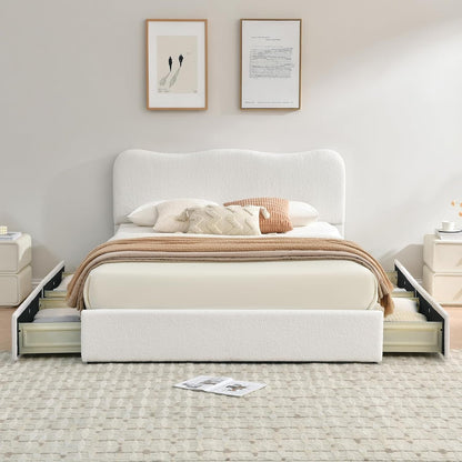 Queen Size Storage Bed Frame with 4 Pull-Out Drawers, Modern Upholstered Boucle Platform Bed with Curved Headboard, Wood Slats, No Box Spring Needed, Cream White3