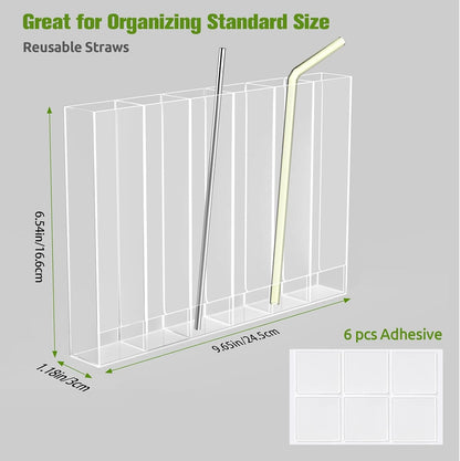 9.6” Large Acrylic Straw Holder for Cabinet Door - 6 Compartments, Easy to Clean, Reusable Tumbler Straw Organizer Storage, Small Kitchen Accessories Container, Ultra Sticky Cupboard Door Mounted3