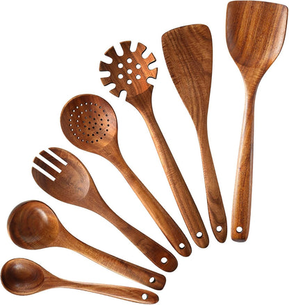 Wooden Spoons for Cooking 7Pcs Natural Acacia Wooden Utensils Set, Wooden Spoon, Spatula, Salad Fork for Cooking,Serving, Stirring, Heat-Resistant, Non-Stick Wood Kitchen Utensil Sets1