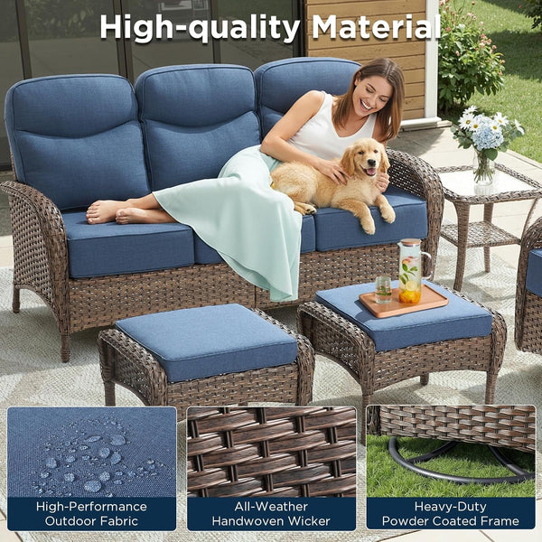 10 Pieces Luxury Outdoor Patio Furniture Set with 6-Inch Thick Cushions, Wicker Outdoor Furniture with High Back Swivel Patio Chairs Set of 4, Wicker Conversation Set for Deck Garden Porch, Blue6