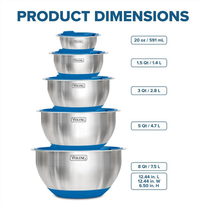 Viking Mixing Bowls Set, 10 Piece Stainless Steel Kitchen Cookware, Non-Slip Silicone Base, Includes Tight Fit Lids, Dishwasher Safe, Blue5