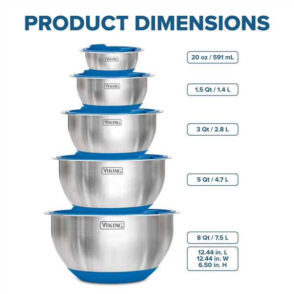 Viking Mixing Bowls Set, 10 Piece Stainless Steel Kitchen Cookware, Non-Slip Silicone Base, Includes Tight Fit Lids, Dishwasher Safe, Blue5