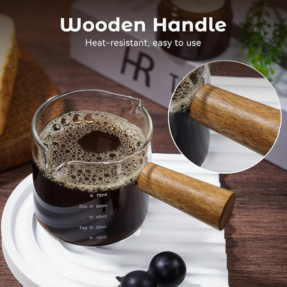 2 Pack Espresso Shot Cups Measuring Cups, 4 FL OZ Wooden Handle V-Shaped Double Spout Espresso Shot Glass, Coffee Bar Essentials, Coffee Accessories6