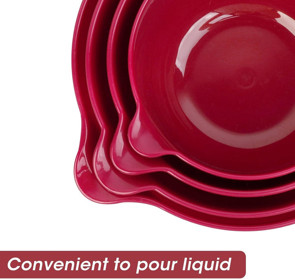 4 Pack Nesting Mixing Bowl Set with Pour Spout and Handle, Non-Slip Bottom, BPA Free Microwave & Dishwasher Safe(Deep Carmine)5