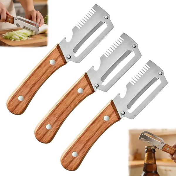 3 Pack Multifunctional Vegetable Peeler with Scallion Shredder and Bottle Opener, Wooden Handle Peelers for Kitchen, Handheld Peeler for Home Cooks1