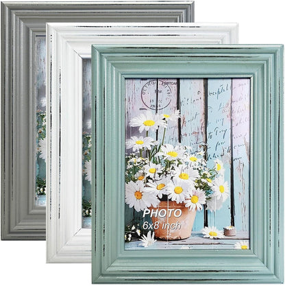 Vintage 6X8 Inches Wooden Picture Frame Pack of 3 Farmhouse Aqua Grey White - Rustic Thick Wood High Definition Glass Photo Frame outside 8.6X10.6 Inches - 2 Ways Display Tabletop or Wall Mounted1