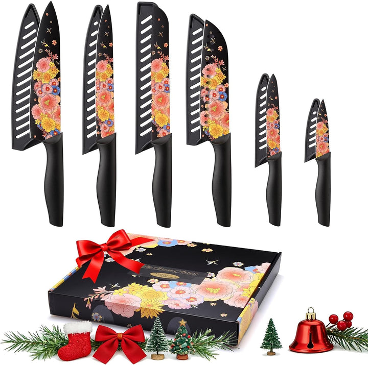 Knife Set Artistic Designed Pattern Kitchen Knife 6 Stainless Steel Kitchen Knives W 6 Blade Guards,Dishwasher Safe Kitchen Knife Sets for Family Knives Set for Chefs | Artistic Designed Pattern, Forged Stainless Steel, Dishwasher Safe, Razor Sharp,Anti-Rust,Ergonomic Handle,Full Tang,Gift Box