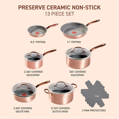 Preserve Ceramic, Non Stick Cookware Set 13-Piece, Oven & Broiler Safe up to 350°F, Includes Stockpot, Saucepans, Frying Pans, Protectors, Pots and Pans, Rose Gold2