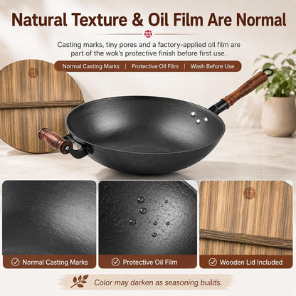 14.2 Inch Cast Iron Wok with Wooden Lid & Handle, Flat Bottom Stir Fry Wok Pan, Turtle-Pattern Textured Uncoated Large Wok Skillet for Induction, Gas & Electric (Seasoning Required) | Uncoated Cast Iron Wok with Wood Lid for Induction, Gas and Electric Stoves; Season before Use.7