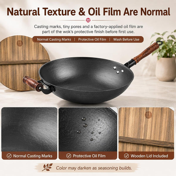 14.2 Inch Cast Iron Wok with Wooden Lid & Handle, Flat Bottom Stir Fry Wok Pan, Turtle-Pattern Textured Uncoated Large Wok Skillet for Induction, Gas & Electric (Seasoning Required) | Uncoated Cast Iron Wok with Wood Lid for Induction, Gas and Electric Stoves; Season before Use.7