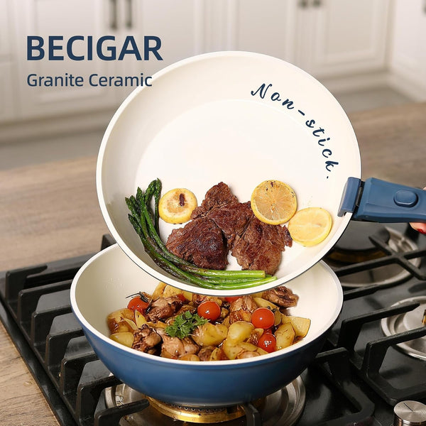 23Pcs Ceramic Pots and Pans Set, Nonstick Detachable Handle Cookware, Induction Kitchen Cooking Set with Removable Handle,Include Frying Pans & Saucepans Oven Safe(Blue)8