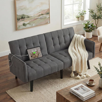 65'' Convertible Futon Sofa Bed with USB, Small Couch for Living Room1