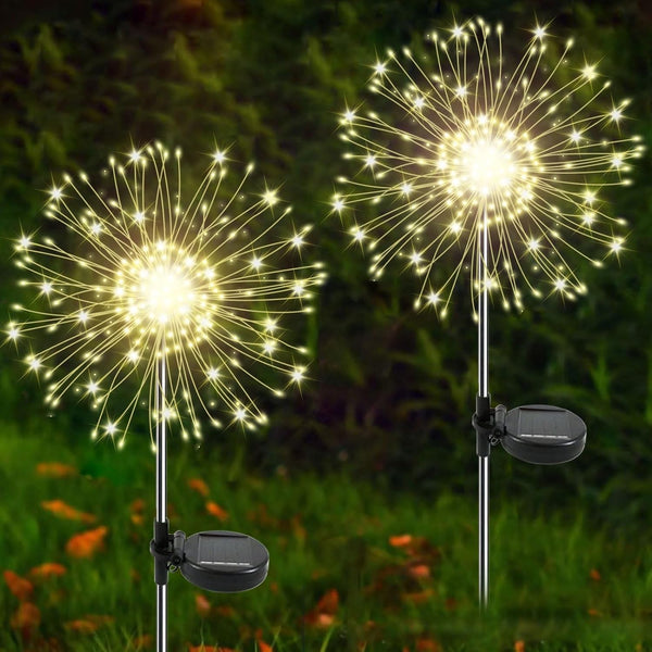 Solar Garden Lights Outdoor, 2 Pack 120 LED Twinkling Firework Lights Decorative with 2 Modes, Outdoor Waterproof Solar Starburst Light for outside Yard Pathway Garden Decor, Warm White1