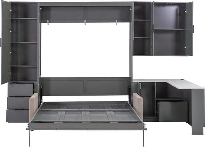 Queen Size Foldable Murphy Bed with Sofa and Desk, Wall Cabinet Bed with Hydraulic Storage, Shelves & Drawers, LED/USB Lighting, Dark Gray Panel, Beige Sofa7