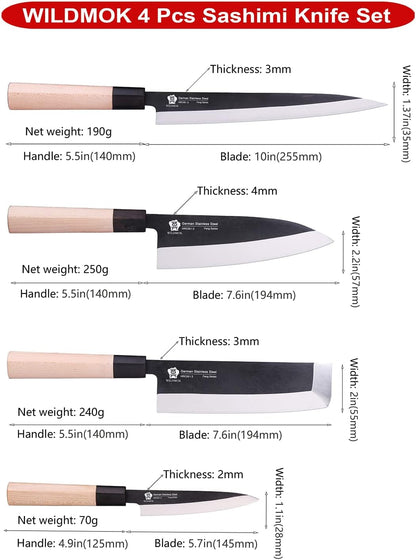 Set of 4 GYUTO Sushi Chef Knives-Yanagiba-Deba-Nakiri-Utility Kitchen Knife, Fish Slicing Filleting Knife Sets with German Steel Blade & Traditional Wooden Handle3