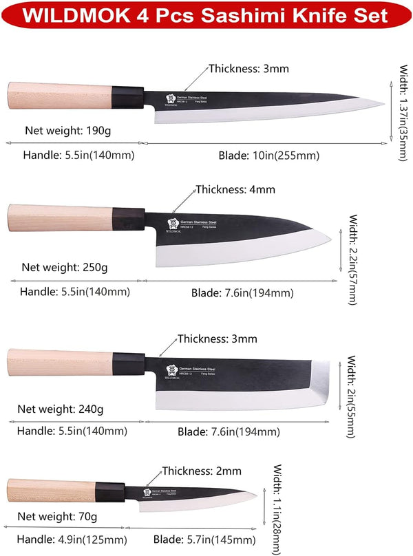 Set of 4 GYUTO Sushi Chef Knives-Yanagiba-Deba-Nakiri-Utility Kitchen Knife, Fish Slicing Filleting Knife Sets with German Steel Blade & Traditional Wooden Handle3