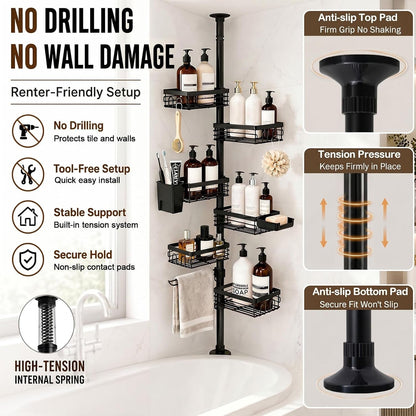 6-Tier Corner Shower Caddy Tension Pole, Rustproof Shelves, Black4